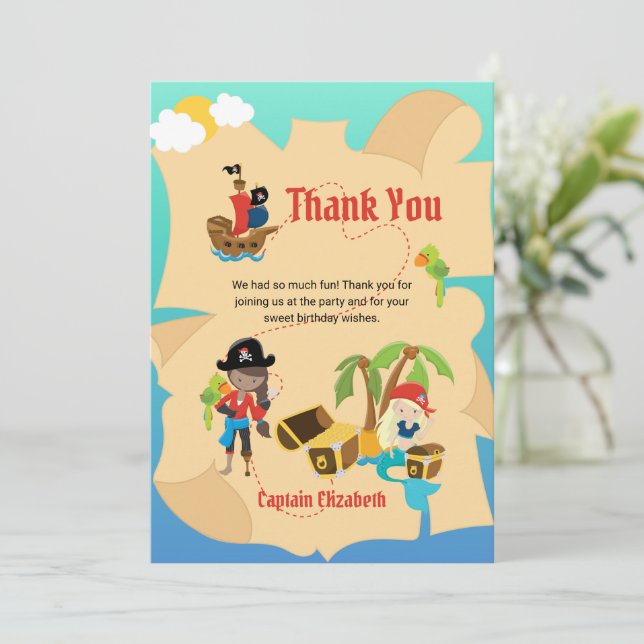 Cute Pirate Girl Mermaid Treasure Map Custom Thank You Card (Standing Front)