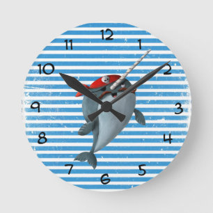 Cute Pirate Narwhal Round Clock