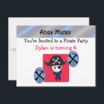 Cute Pirate Party Invitation<br><div class="desc">A cute pirate in a big pirate hat with an eyepatch, earring and bandanna. A red background with pirate accents. Customise with all of your party information as desired.</div>