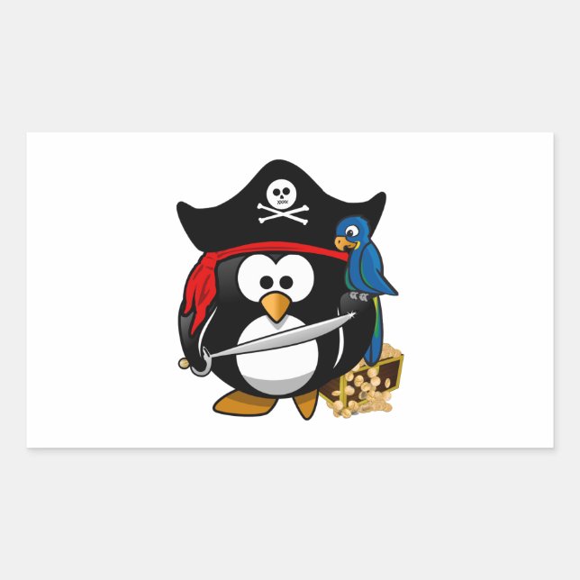 Cute Pirate Penguin with Treasure Chest Rectangular Sticker (Front)