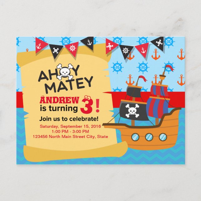 Cute Pirate ship bunting Baby boy Birthday Postcard (Front)