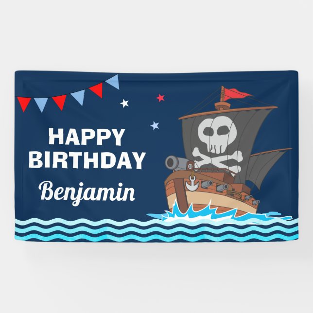 Cute Pirate Ship Kids Birthday Party Banner (Horizontal)