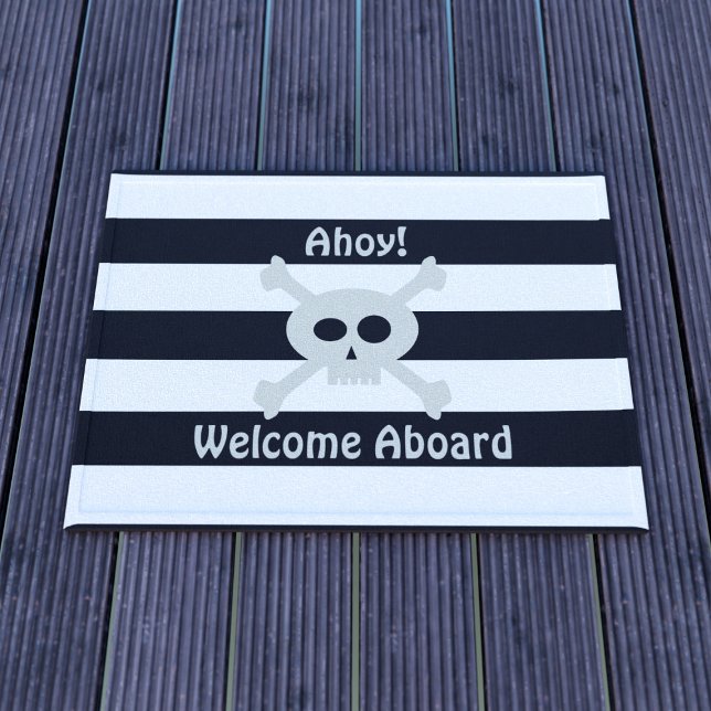 Cute Pirate Skull Stripe Welcome Aboard Doormat (Ahoy! Welcome aboard! Cute doormat for your ship!)