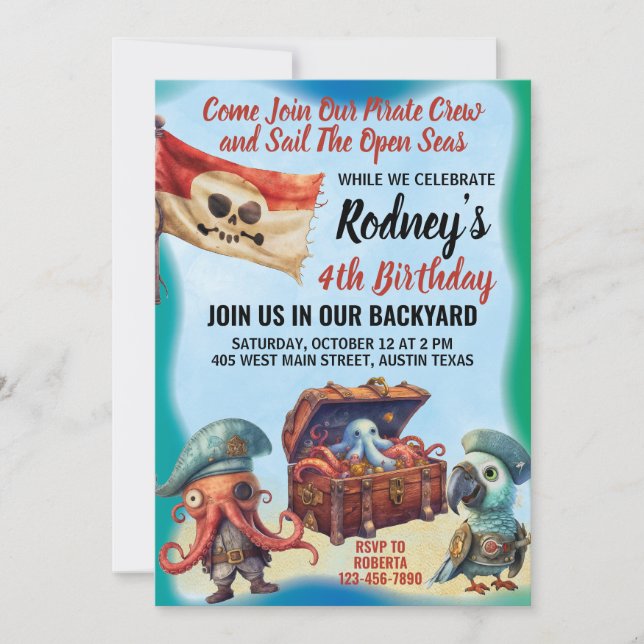 Cute pirate theme birthday party invitation (Front)