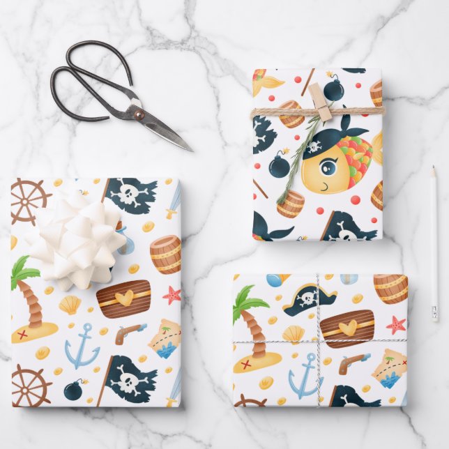 Cute Pirate Themed Nautical Pattern  Wrapping Paper Sheet (Front)
