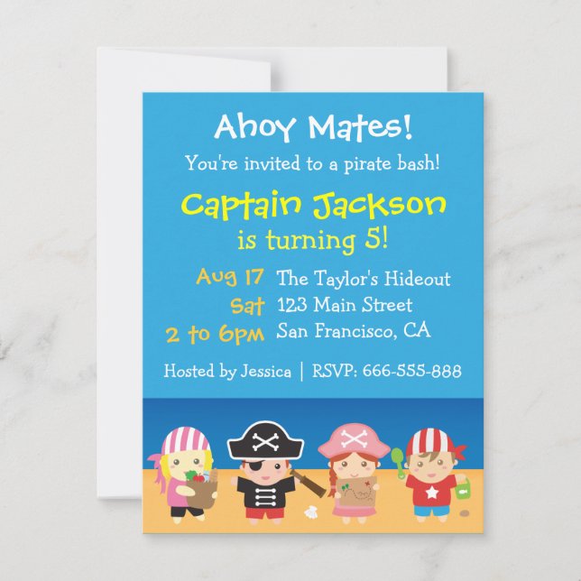 Cute Pirates Boys and Girls Birthday Party Invitation (Front)