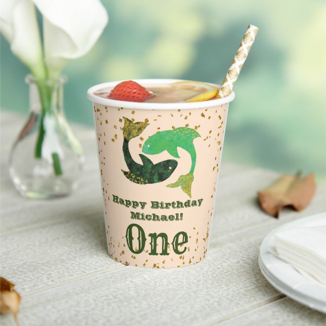 Cute Pisces First Birthday & Gold Confetti Paper Cups (Insitu)