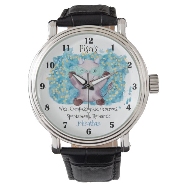 Cute Pisces Fish Watercolor Bull Zodiac Custom Watch (Front)