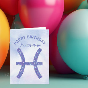 Cute Pisces Sign Custom Purple Happy Birthday Card