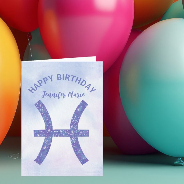 Cute Pisces Sign Custom Purple Happy Birthday Card (Creator Uploaded)