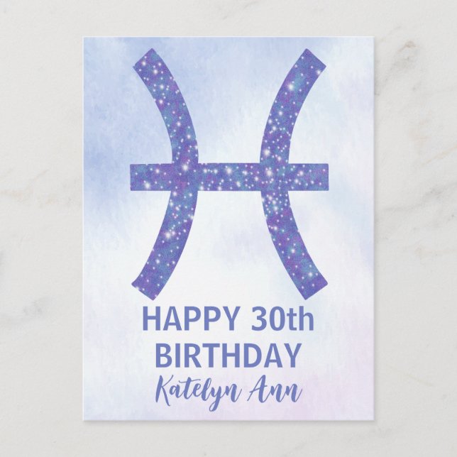Cute Pisces Sign Custom Purple Happy Birthday Postcard (Front)