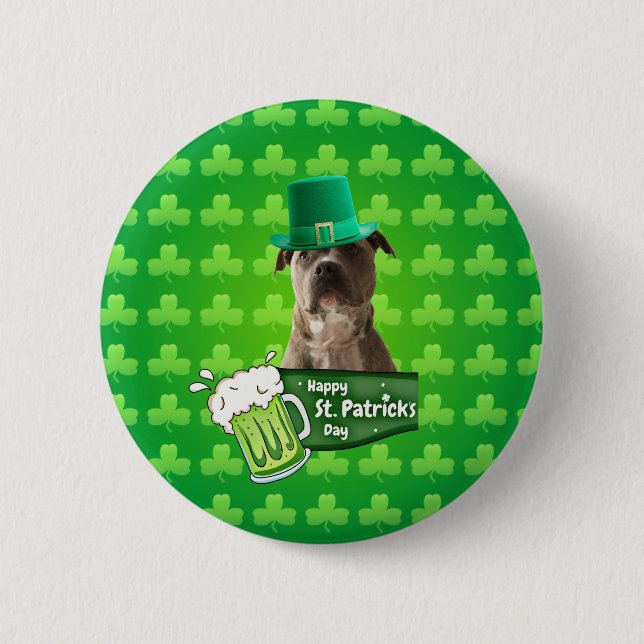Cute Pit Bull Dog Hat St. Patrick's Day w Clovers 6 Cm Round Badge (Front)