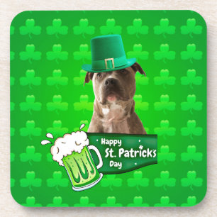 Cute Pit Bull Dog Hat St. Patrick's Day w Clovers Coaster