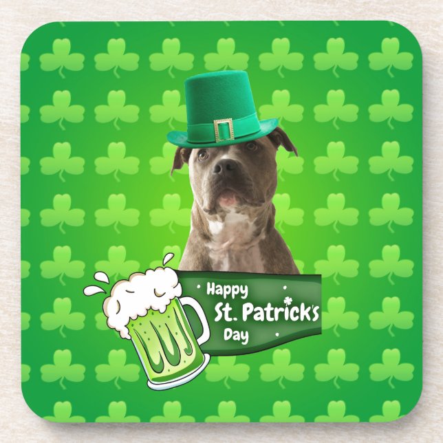 Cute Pit Bull Dog Hat St. Patrick's Day w Clovers Coaster (Front)
