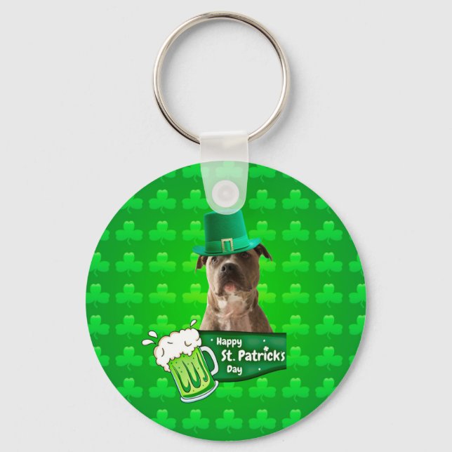 Cute Pit Bull Dog Hat St. Patrick's Day w Clovers Key Ring (Front)