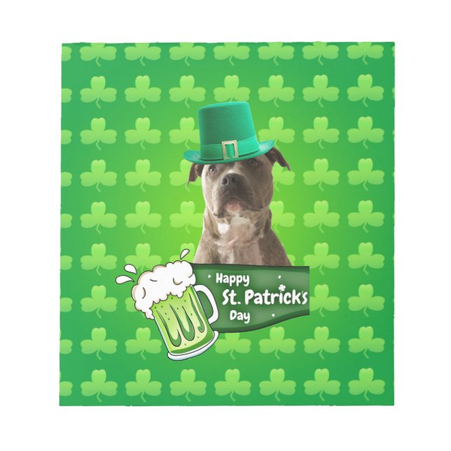Cute Pit Bull Dog Hat St. Patrick's Day w Clovers Notepad (Front)