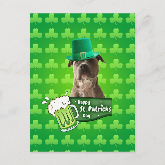 Cute Pit Bull Dog Hat St. Patrick's Day w Clovers Postcard (Front)