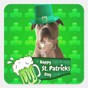 Cute Pit Bull Dog Hat St. Patrick's Day w Clovers Square Sticker
