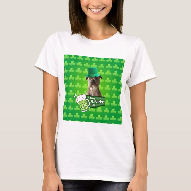 Cute Pit Bull Dog Hat St. Patrick's Day w Clovers T-Shirt (Front)