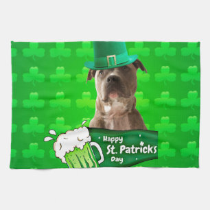 Cute Pit Bull Dog Hat St. Patrick's Day w Clovers Tea Towel
