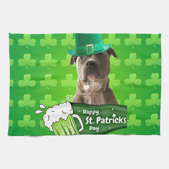 Cute Pit Bull Dog Hat St. Patrick's Day w Clovers Tea Towel (Horizontal)