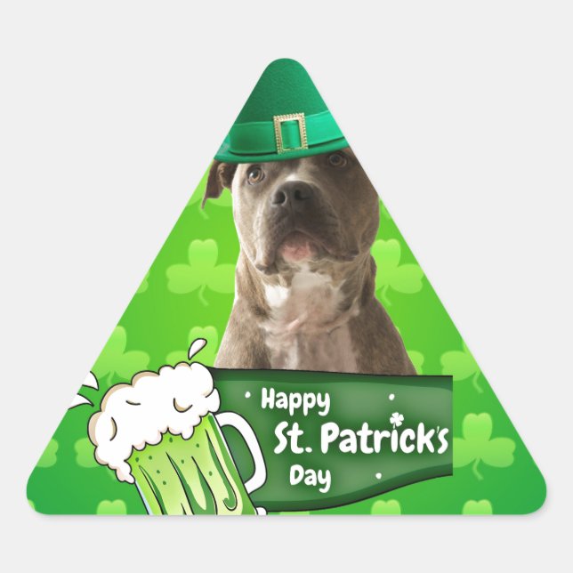 Cute Pit Bull Dog Hat St. Patrick's Day w Clovers Triangle Sticker (Front)