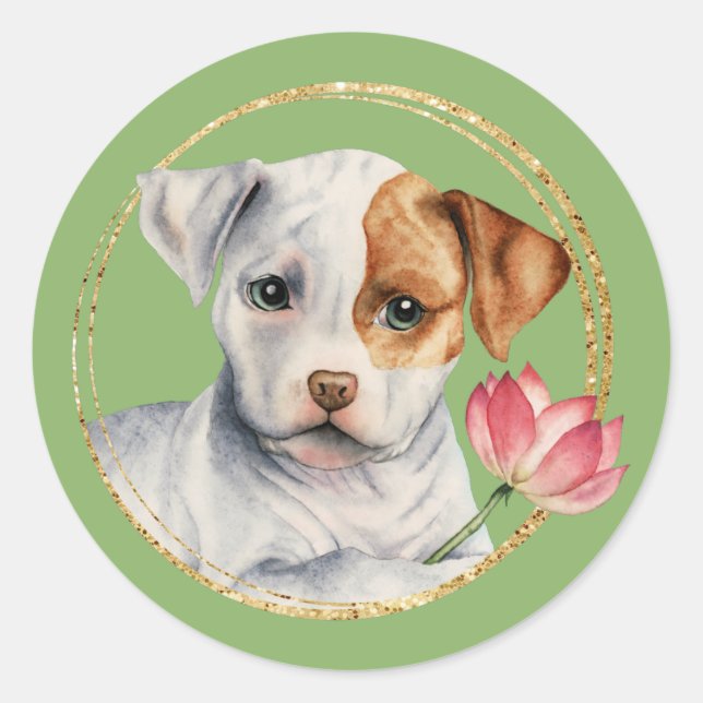 Cute Pit Bull Puppy with Spring Flower Classic Round Sticker (Front)