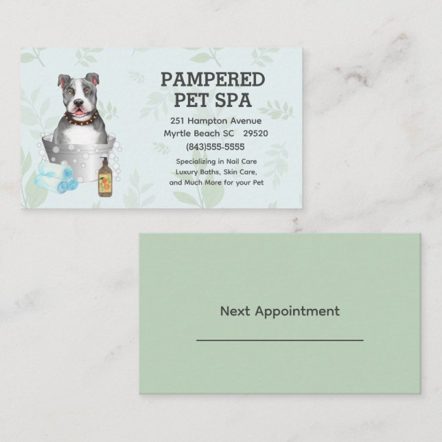 Cute Pit Bull Terrier Pet Groomer Spa Appointment Business Card (Front/Back)