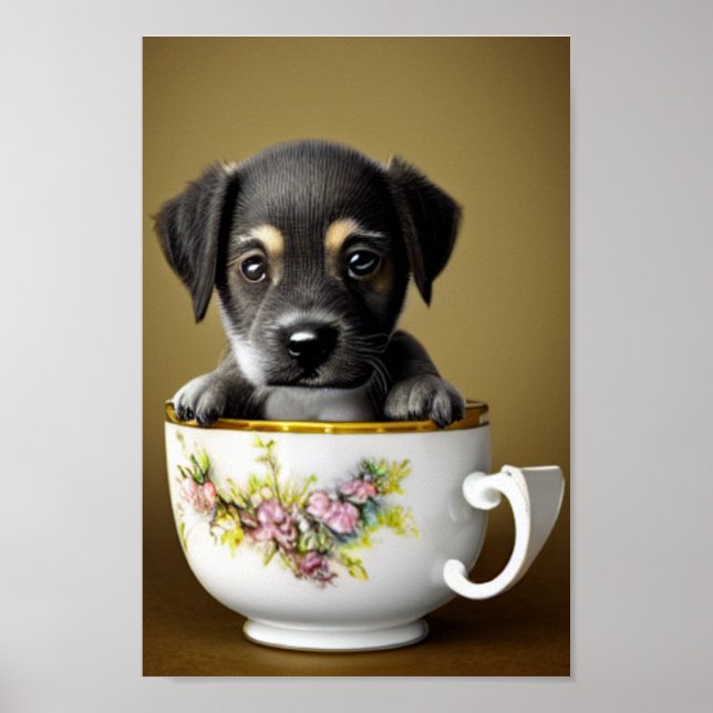 Cute Pit Bull Terrier Puppy in a Teacup Poster (Front)