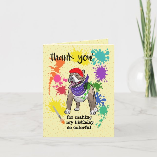 Cute Pitbull Dog Fun Art Birthday Party      Thank You Card (Front)