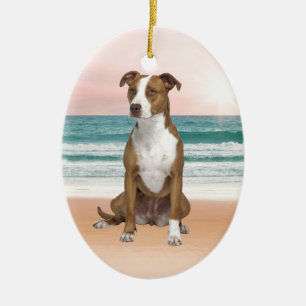 Cute Pitbull Dog Sitting on Beach with sunset Ceramic Tree Decoration