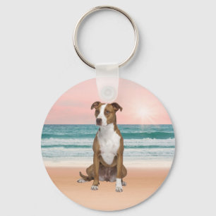 Cute Pitbull Dog Sitting on Beach with sunset Key Ring