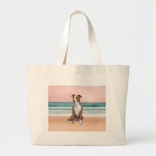 Cute Pitbull Dog Sitting on Beach with sunset Large Tote Bag