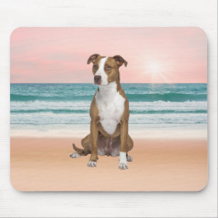 Cute Pitbull Dog Sitting on Beach with sunset Mouse Mat