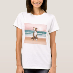 Cute Pitbull Dog Sitting on Beach with sunset T-Shirt