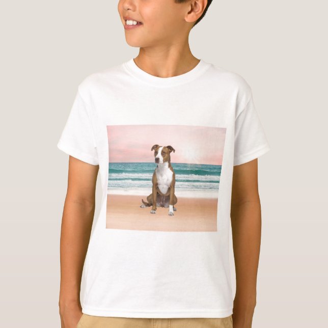 Cute Pitbull Dog Sitting on Beach with sunset T-Shirt (Front)