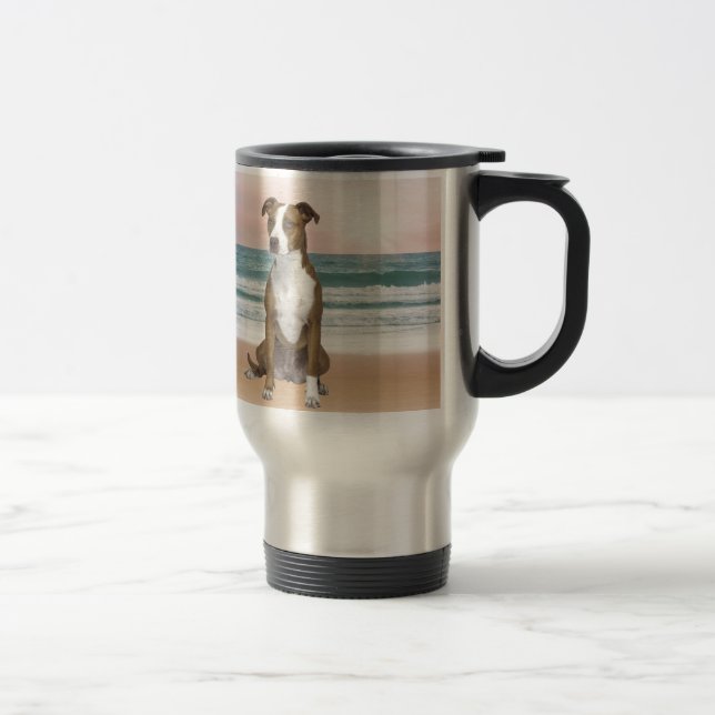 Cute Pitbull Dog Sitting on Beach with sunset Travel Mug (Right)