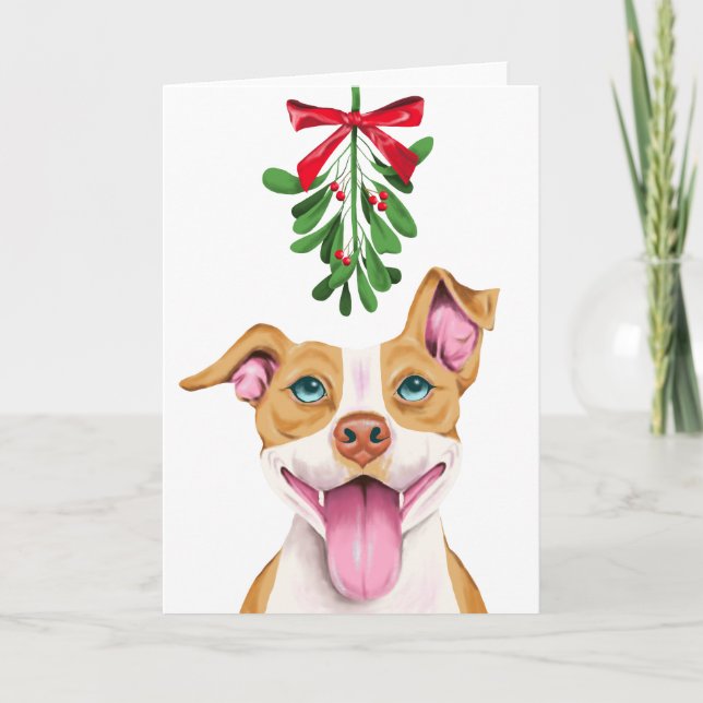 Cute Pitbull Dog Under the Mistletoe Christmas Holiday Card (Front)