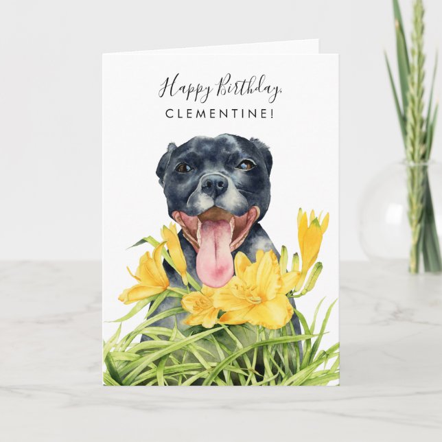 Cute Pitbull Dog Yellow Floral Garden Birthday Card (Front)