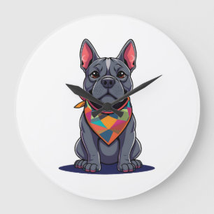 Cute Pitbull Frenchie Dog with Bandanna Art Large Clock