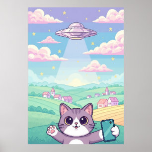 Cute Pixel Art Cat with UFO in Pastel Sky Kawaii Poster