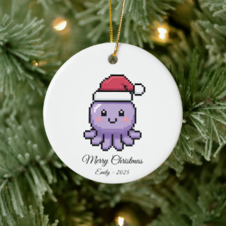 Cute Pixel Art Octopus Santa Hat Christmas Gift Ceramic Tree Decoration
