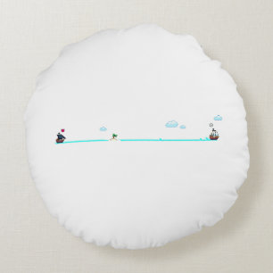 Cute Pixel Art Pirate Ship Chase Merchant Ship Round Cushion