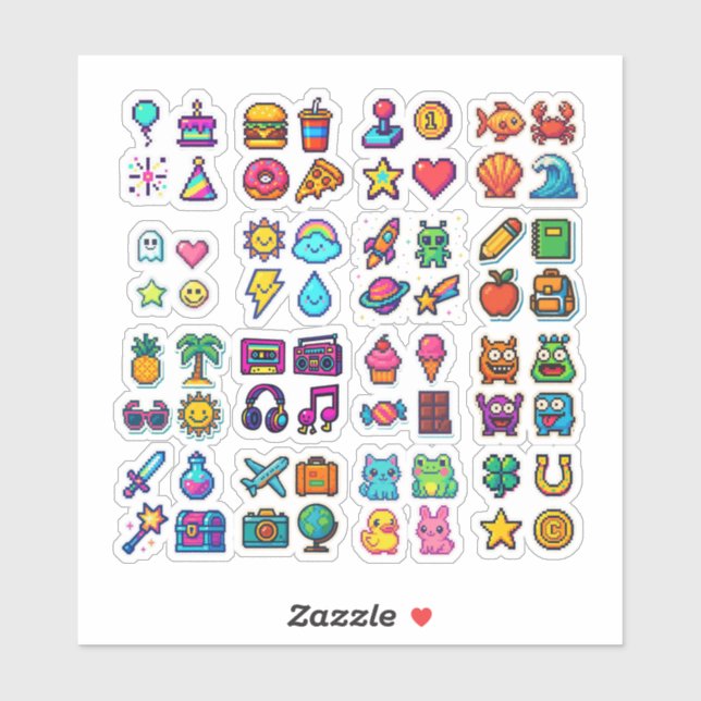 Cute Pixel Art Sticker Pack – Retro 8-Bit Kawaii I (Sheet)