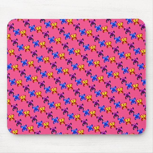 Cute Pixel Butterfly Pattern Hot Pink Background Mouse Mat (Front)
