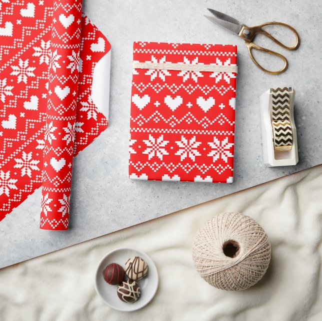 Cute Pixel Fairisle Heart Pattern Festive Red Wrapping Paper (Crafts)