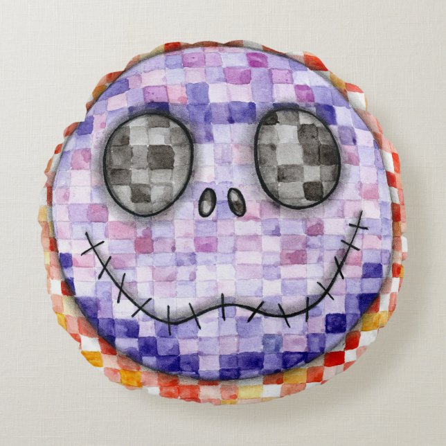 Cute Pixelated Skeleton Face Round Pillow (Front)