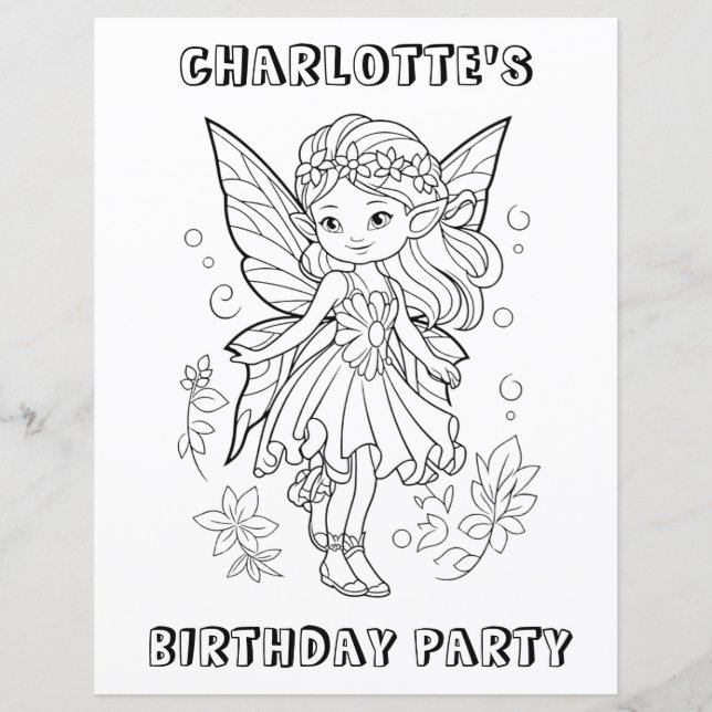 Cute pixie fairy birthday party coloring activity  (Front)