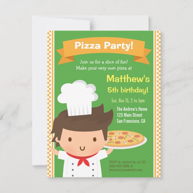 Cute Pizza Chef Boy Kids Birthday Party Invitation (Front)