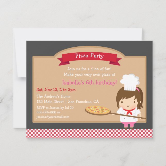 Cute Pizza Chef Girl Birthday Party Custom Invitation (Front)